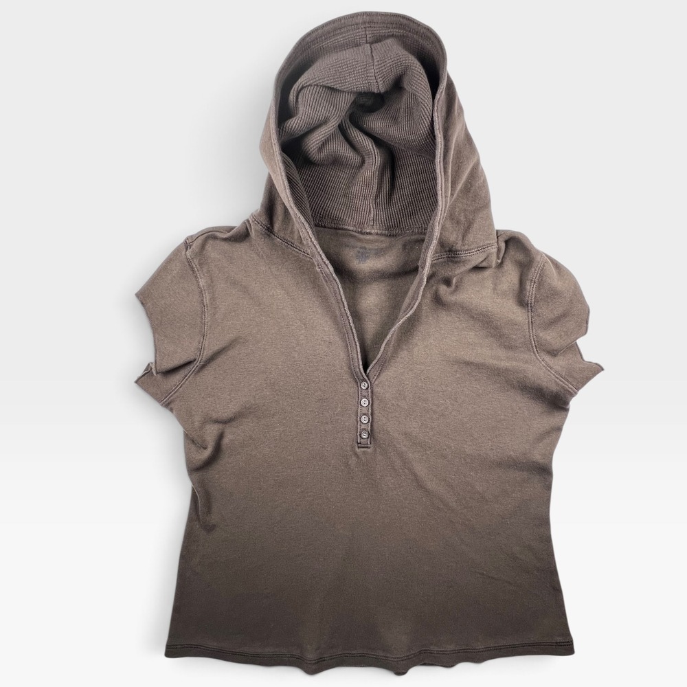 Vintage Y2K Brandy Melville Brown Henley Baby Tee Short Sleeve Hoodie 2010s